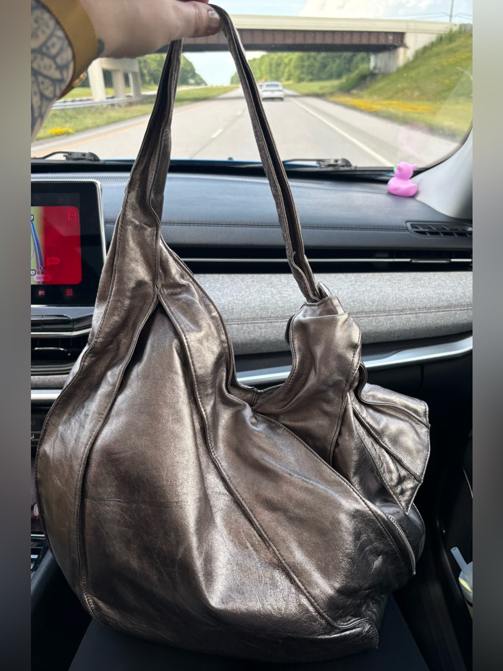 KOOBA Pewter/ Gunmetal Leather Metallic Shoulder Tote - Picture 3 of 16